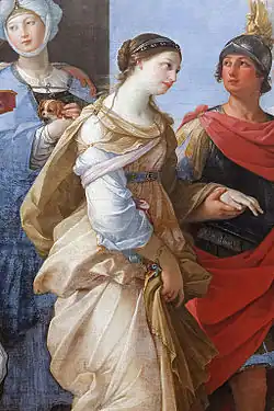 In Guido Reni's painting (1631, Louvre, Paris), however, Paris holds Helen by her wrist (as he already did in Genga's painting shown here on the left), and they leave together for Troia.