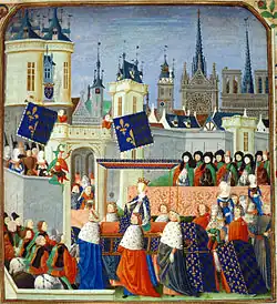 The entry of Isabella of Bavaria into Paris, from a miniature in Froissart's Chronicles, attributed to Philip of Mazerolles (c. 1470-1472)