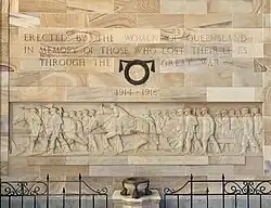World War I Memorial Sculpture on the external wall of the Shrine of Memories section of the Shrine of Remembrance