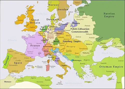 Map of European political borders in 1740