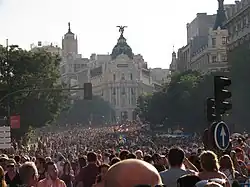 View of the European Pride parade (Europride) 2007 in Madrid, on Calle de Alcalá to the height of the Plaza de la Cibeles