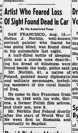 Evening Star's article relating Stefan Norblin death