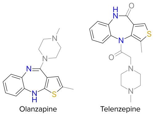 General structure of thienobenzodiazepines. Core is highlighted by black and color. Grey depicts accessory functional groups.
