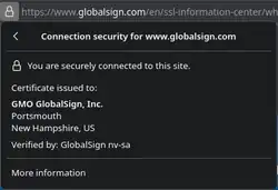 Many web browsers, including Firefox (shown here), use the address bar to tell the user that their connection is secure, an Extended Validation Certificate should identify the legal entity for the certificate.