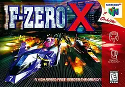 Numerous hovercars race on a thin straightaway toward the viewer, with "F-Zero X" in stylized capitals above.