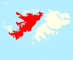 Location of&nbsp;West Falkland&nbsp;(red) in the&nbsp;Falkland&nbsp;Islands&nbsp;(red & white)