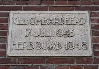 Memorial stone in the rebuilt houses of the Fazantenweg 14-16: “Bombed — 17 July 1943 — Rebuilt 1946”