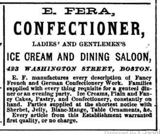 Advertisement for Fera's Ice Cream & Dining Saloon, 1868
