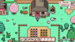 The player standing in front of a house, with a farm, animals, trees, and well around them