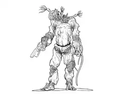 Sketch of a humanoid alien. Tentacles sprout out where the head would be and long whiplike tentacles extend from the hand