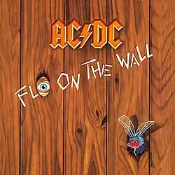 Artwork of a wooden wall, with a cartoon fly on the bottom right. On the top is the AC/DC logo in orange, with the title Fly on the Wall scratched into the wall. A hole with an eye peering through replaces the "Y" in the title.