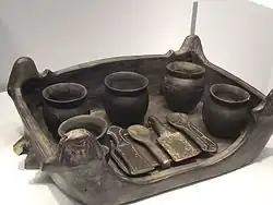 Clay replica of a serving tray (foculum) made for furnishing an Etruscan grave. The original tray and utensils may have been made of wood, metal, or other materials. Chiusi, Tomb A Group, 550-500 BCE.