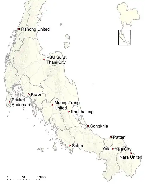 Locations of the 2024–25 Thai League 3 Southern Region clubs