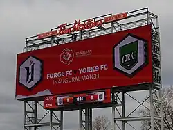 The Tim Hortons Field video board prior to the Canadian Premier League's inaugural match between Forge FC and York9 FC.