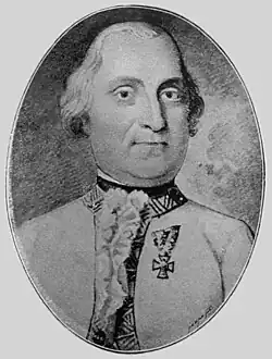 Black and white print shows a clean-shaven man with white hair. He wears a white military uniform pinned with the Military Order of Maria Theresa.