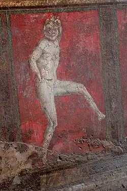 A satyr dancing. A fresco from the cubiculum in the Villa of the Mysteries. From Pompeii. Date: 80 to 70 BCE [72]