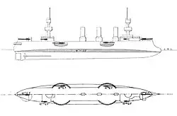 Simple sketch of a ship with a bulbous bow, two large masts, three smoke stacks, and four elliptical sponsons projecting from the sides of the vessel to carry the guns.