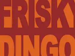 Block text, the word Frisky in red on orange, and below the word Dingo in orange on red