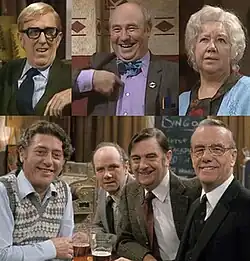 The regular cast of Oh No It's Selwyn Froggitt; Maurice (Robert Keegan), Selwyn's middle-aged bespectacled brother; Selwyn (Bill Maynard), a balding and cheerful middle-aged man wearing a green dicky bow; grey-haired Mrs Froggitt (Megs Jenkins); barman Ray (Ray Mort), wearing a patterned tank top and the smartly-dressed patrons of Scarsdale Working Men's Club, Clive (Richard Davies), Jack (Bill Dean) and Harry (Harold Goodwin).