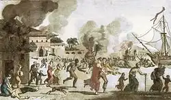 Image 3Illustration circa 1815 showing "Incendie du Cap" (Burning of Cape Francais) during the Haitian Revolution. The caption reads: "General revolt of the Blacks. Massacre of the Whites". (from History of the Caribbean)