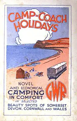 A stylised painting of a coast line in red and blue with the sea on the left and a railway coach on the right. At the top is the title "Camp-Coach Holidays", and at the bottom it says Novel and economical camping in comfort in selected beauty spots of Somerset, Devon, Cornwall and Wales"."