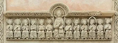 Christ and 12 apostles, on the lintel of the portal of Santa Caterina d'Alessandria