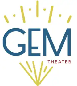"GEM" in blue, "Theater" in red, and a stylized gemstone motif in yellow