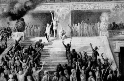 A figure (presumably Captain Moroni) stands with arms aloft, a sword in his right arm and a flag in his left, at the top of a wide set of outdoor stairs that appear to descend from a large public building; implicitly, in the context of the Book of Mormon, a religious edifice like a temple. Two figures flank Captain Moroni, one seated and the other standing, a few steps down. Behind them, a the building looms, with two gaping square-arched entrances. Crowds seem to be trailing out from each. At the bottom of the steps, another crowd gathers. They are animated, and many have their arms raised up. Captain Moroni has evidently energized the crowd, rallying them to arms in defense of Nephite society.