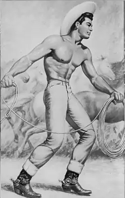 A painting depicting a muscular, shirtless cowboy in a Western desert setting