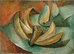 Georges Braque, 1908, Cinq bananes et deux poires (Five Bananas and Two Pears), oil on canvas, 24 × 33 cm, Musée National d'Art Moderne