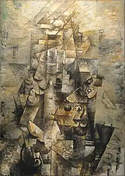 Georges Braque, 1911–12, Man with a Guitar (Figure, L'homme à la guitare), oil on canvas, 116.2 x 80.9 cm, Museum of Modern Art
