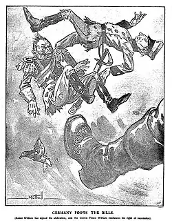 'Germany Foots the Bills' on the subject of the defeat of Germany in World War I and the abdication of Wilhelm II, published in Punch (Melbourne), 14 November 1918.