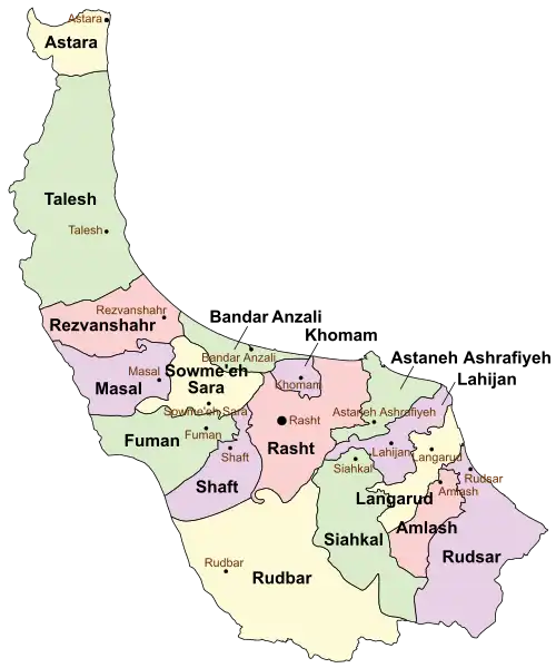 Location of Langarud County in Gilan province (right, yellow)