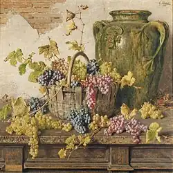 A watercolor painting of a basket of grapes in front of a vase and a wall