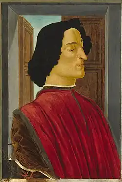 Giuliano de' Medici, who was assassinated in the Pazzi conspiracy. Several versions, all perhaps posthumous.[86]