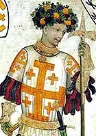 Godfrey of Bouillon as depicted in a fresco of the Nine Worthies at the Castello della Manta, c. 1420.