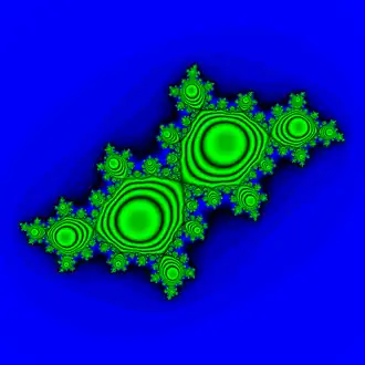 Filled Julia set for '"`UNIQ--postMath-00000021-QINU`"' for Golden Mean rotation number with interior colored proportional to the average discrete velocity on the orbit = abs( z_(n+1) - z_n ). Note that there is only one Siegel disc and many preimages of the orbits within the Siegel disk