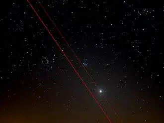 The ecliptic latitude of Venus (thin red dashed line), i.e. her distance from the ecliptic (thick red dashed line), is 3.0&nbsp;degrees.