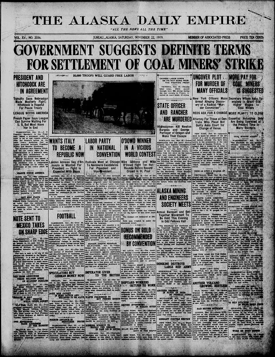 Artillery guns deployed to mines, shown in newspaper -November 22, 1919 Alaska Daily Empire