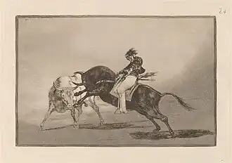 Νο. 24: El mismo Ceballos montado sobre otro toro quiebra rejones en la plaza de Madrid ("The same Ceballos, riding another bull, breaks the "rejones" in Madrid's Plaza")
