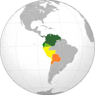 In dark green, Greater Colombia; in light green, the territories annexed to Greater Colombia; in yellow, the liberated territories; in orange, the liberated-associated territories.