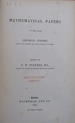 Title page of a 1871 copy of the "Mathematical Papers of the Late George Green," which was edited by Ferrers