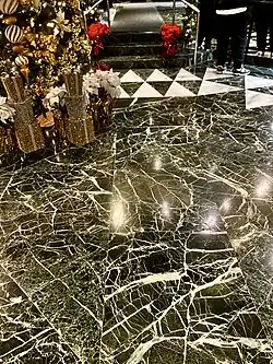 Beautiful green-marbled foyers in the lobby of the Millennium Hilton Hotel at One and Two United Nations Plaza, Christmas, 2024.