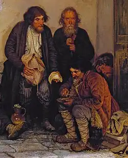 A group of seated and standing peasants at the porch