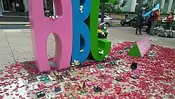 Antimonumento 49 ABC surrounded by flower petals and real shoes.