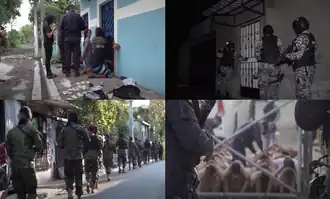 Clockwise from top left: the detention of suspected gang members by the police, a police search of a house, imprisoned gang members, soldiers on patrol in the streets