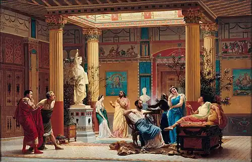 Rehearsal of The Flute Player and The Woman of Diomede at the home of Prince Napoleon in the atrium of his Pompeian house, by Gustave Boulanger, 1861, oil on canvas, Musée d'Orsay