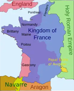 a map of France showing only a small part of the south-west under English control