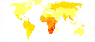 A map of the world where much of it is colored yellow or orange except for sub Saharan Africa which is colored red or dark red