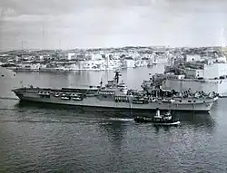 HMS Glory in the Grand Harbour, Valletta Malta in 1954